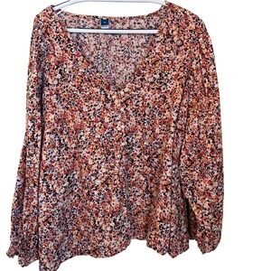 Old Navy Size 3X Ditsy Floral V-Neck Top Long Sleeve Smocked Cuff Multicolor
